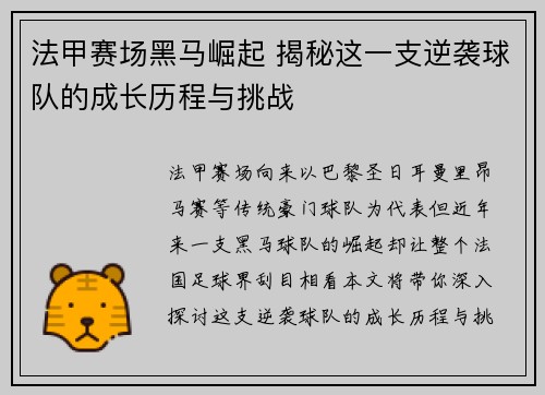 法甲赛场黑马崛起 揭秘这一支逆袭球队的成长历程与挑战