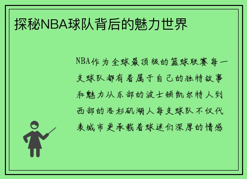 探秘NBA球队背后的魅力世界