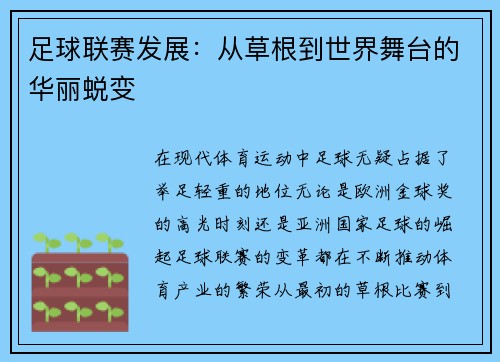 足球联赛发展：从草根到世界舞台的华丽蜕变